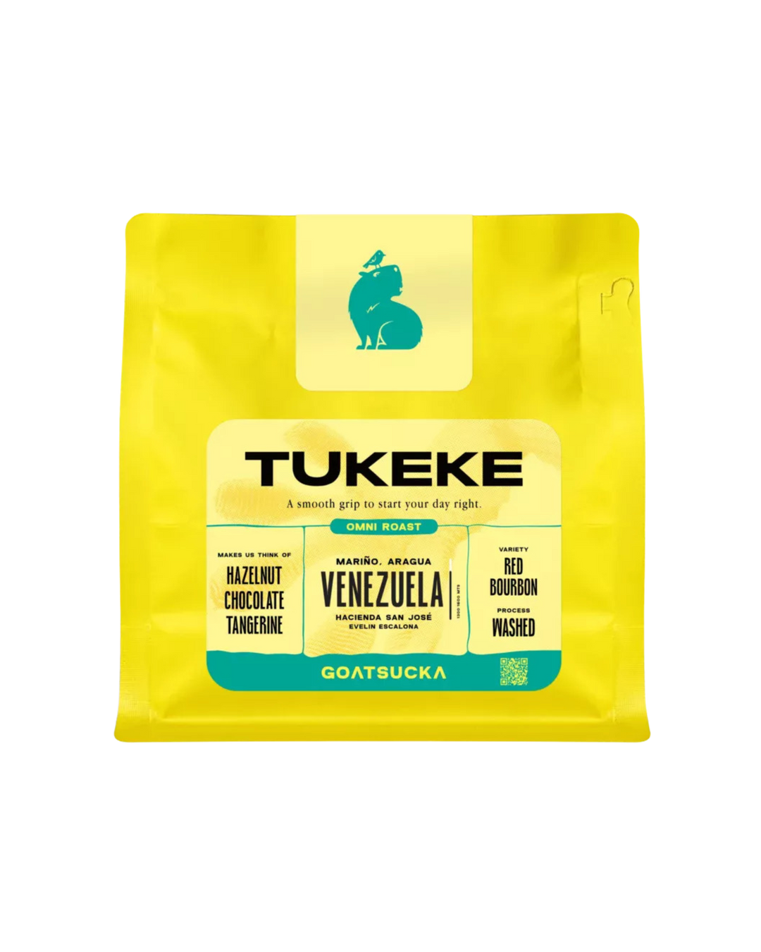 Paquete de café Tukeke Venezuela con notas a avellana, chocolate y mandarina, tostado por Goatsucka Coffee Co. en Lisboa, Portugal.