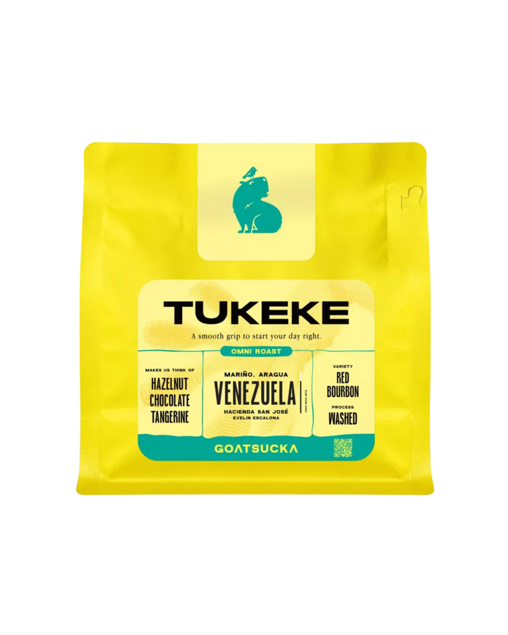 Paquete de café Tukeke Venezuela con notas a avellana, chocolate y mandarina, tostado por Goatsucka Coffee Co. en Lisboa, Portugal.