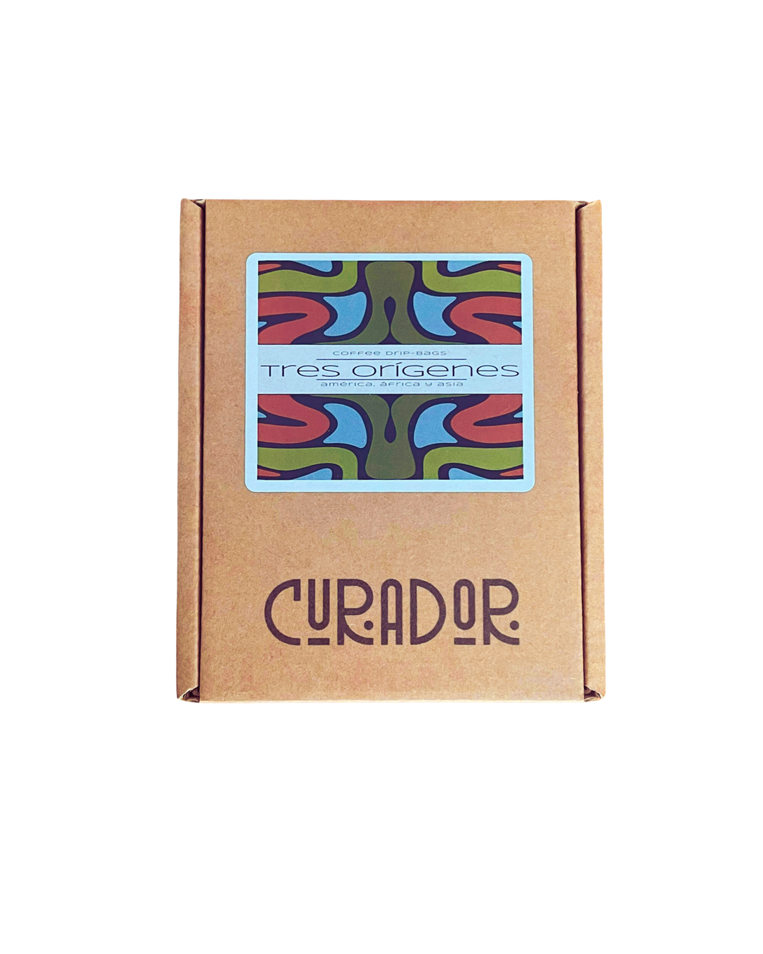 Caja de regalo Curador con diseño colorido y logo para experiencias y cafés de especialidad.