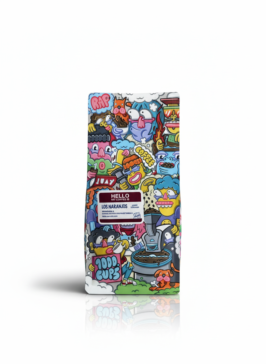 Paquete de café Venezuela Los Naranjos con diseño colorido, tostado por 1000 Cups Coffee Roastery en Madrid, con notas de cereza, chocolate oscuro, vainilla y lichi.
