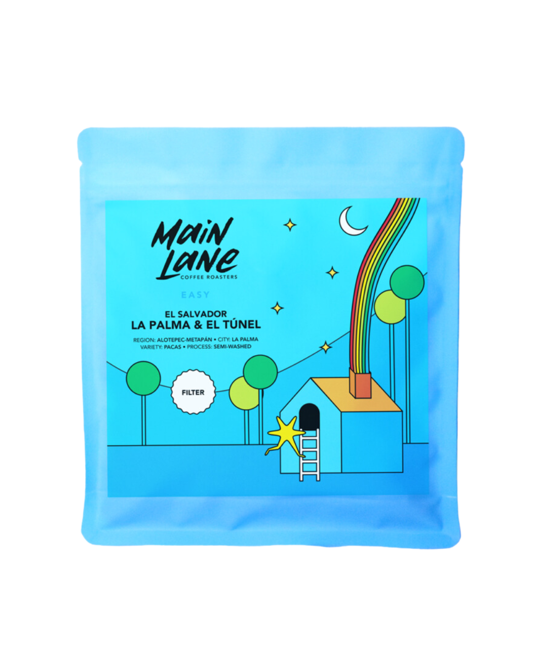 Paquete de café El Salvador La Palma y El Túnel tostado por Main Lane Coffee Roasters, con notas a frutos amarillos, miel y sabor aterciopelado, ideal para espresso, moka italiana y prensa francesa.