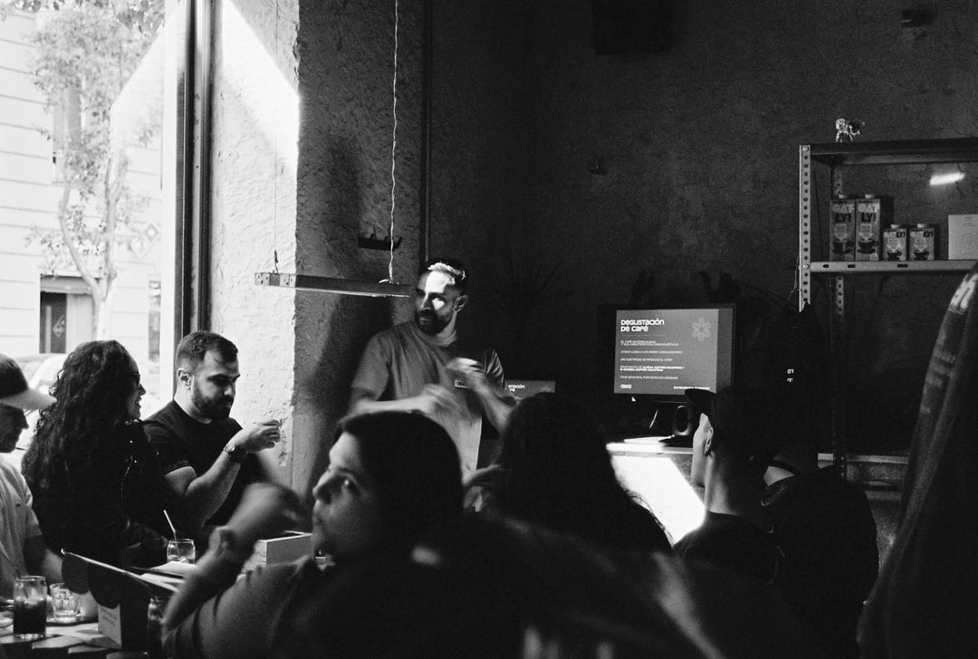 Grupo de personas participando en taller de degustación de café en ambiente acogedor.
