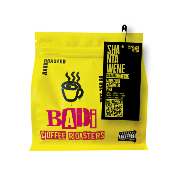 Café Etiopía Shantawene tostado por Badi Coffee Roasters en Madrid con notas de maracuyá, piña, chocolate y caramelo, ideal para V60, Chemex, Kalita y Aeropress.