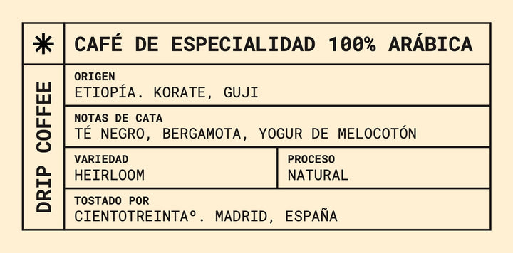 Etiqueta del café drip bags de especialidad 100% arábica origen Etiopía Korate Guji con notas de té negro, bergamota y yogur de melocotón, tostado en Madrid España.