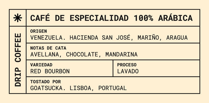 Drip Bags de café de especialidad 100% arábica, origen Venezuela, notas de avellana, chocolate y mandarina, variedad Red Bourbon, tostado en Lisboa, Portugal.