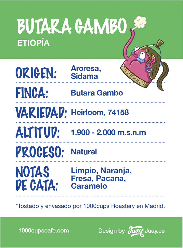 Café Etiopía Butara Gambo tostado en Madrid con notas de naranja, fresa y caramelo, recomendado para V60, Chemex, Aeropress, Kalita y espresso.