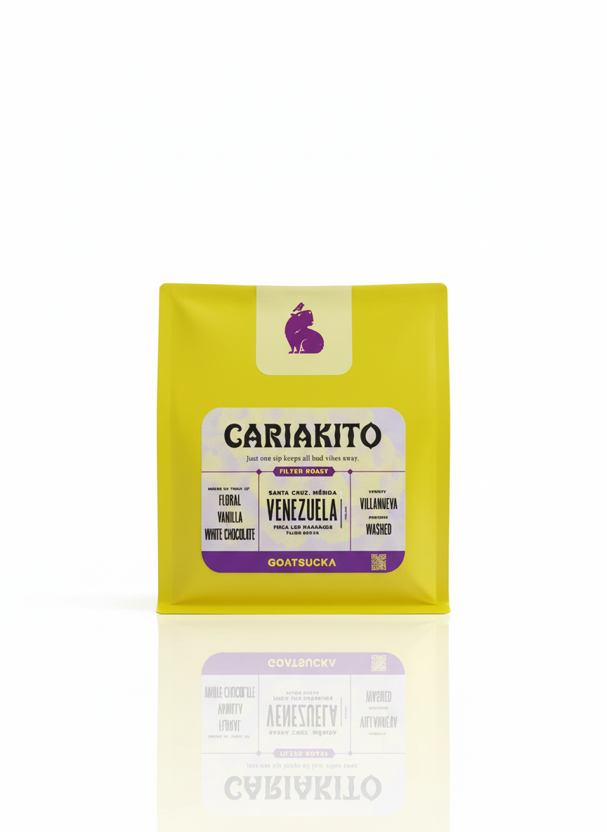 Paquete de café Venezuela Cariakito tostado por Goatsucka Coffee Co. con notas florales, vainilla y chocolate blanco