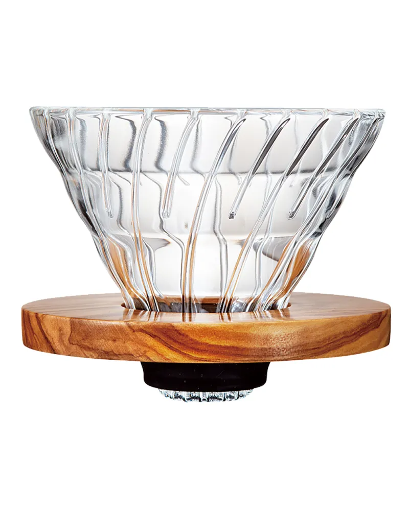 Cafetera V60 Dripper de vidrio con base de madera para café filtrado, diseño en espiral y capacidad para 4 tazas.