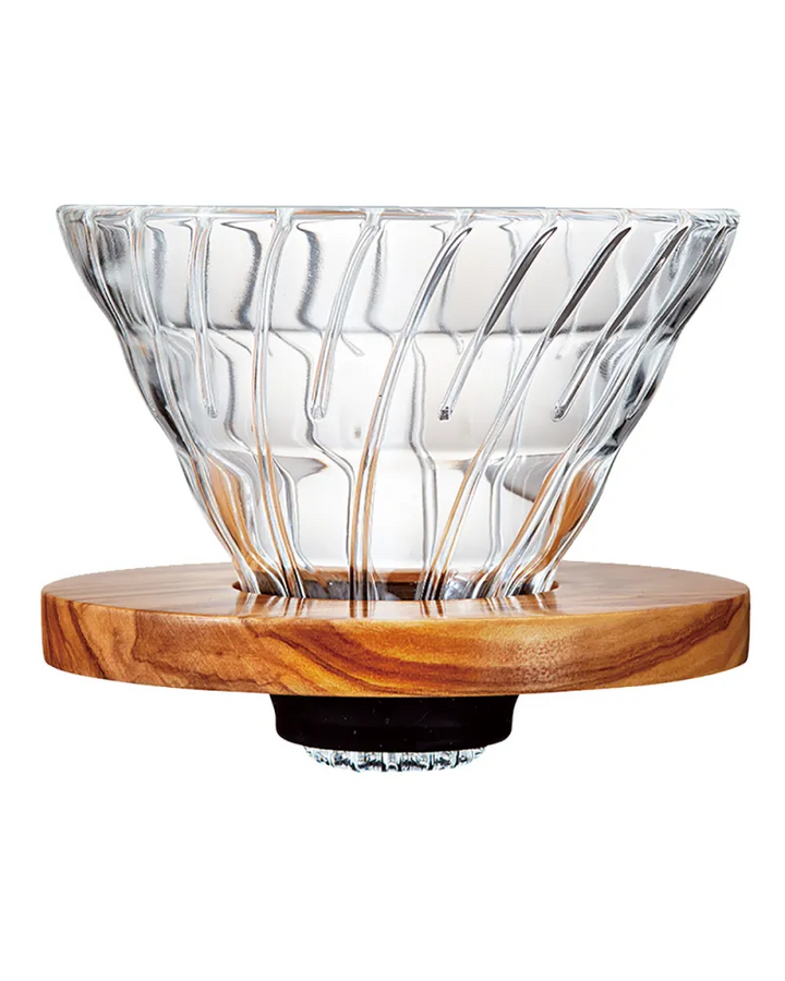 Cafetera V60 Dripper de vidrio con base de madera para café filtrado, diseño en espiral y capacidad para 4 tazas.