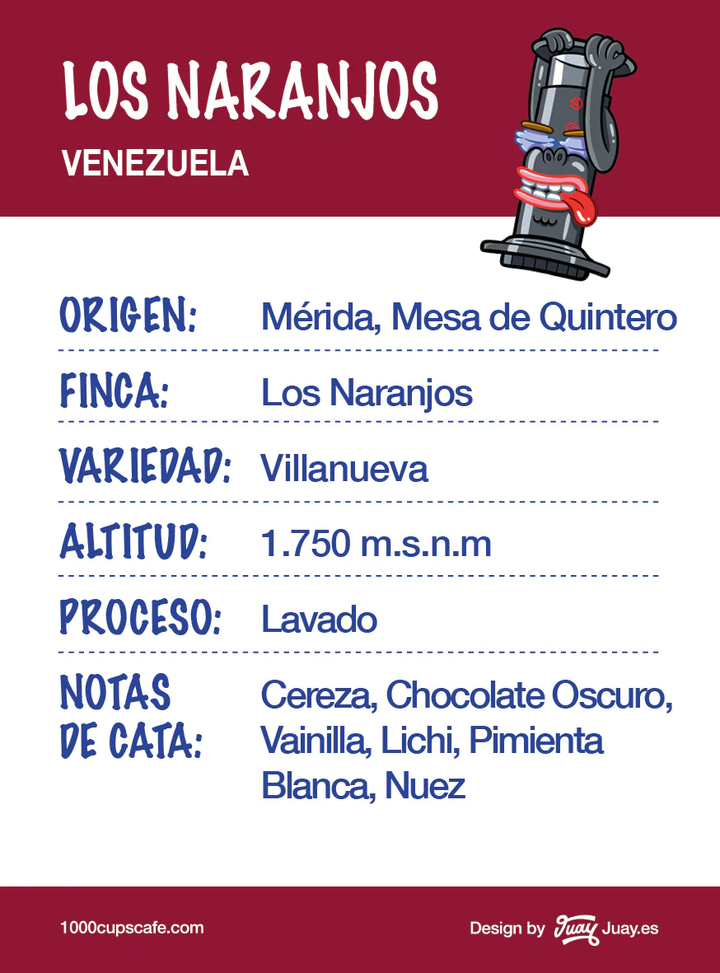 Café Venezuela Los Naranjos con notas de cereza, chocolate oscuro, vainilla y lichi, tostado en Madrid, ideal para espresso y métodos filtrados.